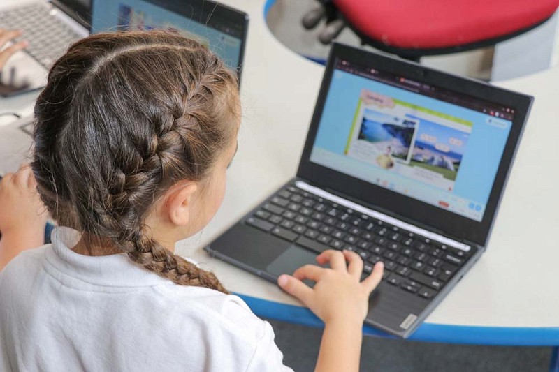 student working on her laptop in class